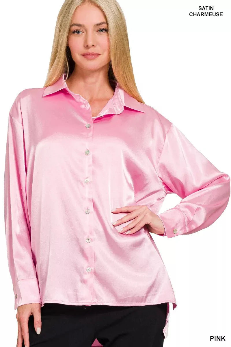 Womens Elegant Satin Button Down Long Sleeve Blouse