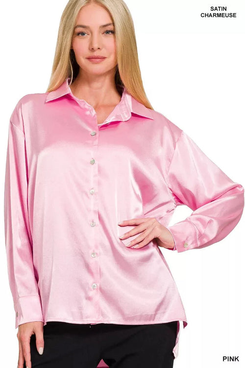Womens Elegant Satin Button Down Long Sleeve Blouse
