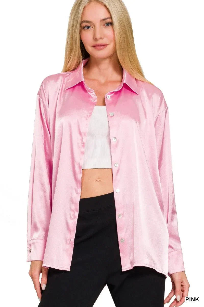 Womens Elegant Satin Button Down Long Sleeve Blouse