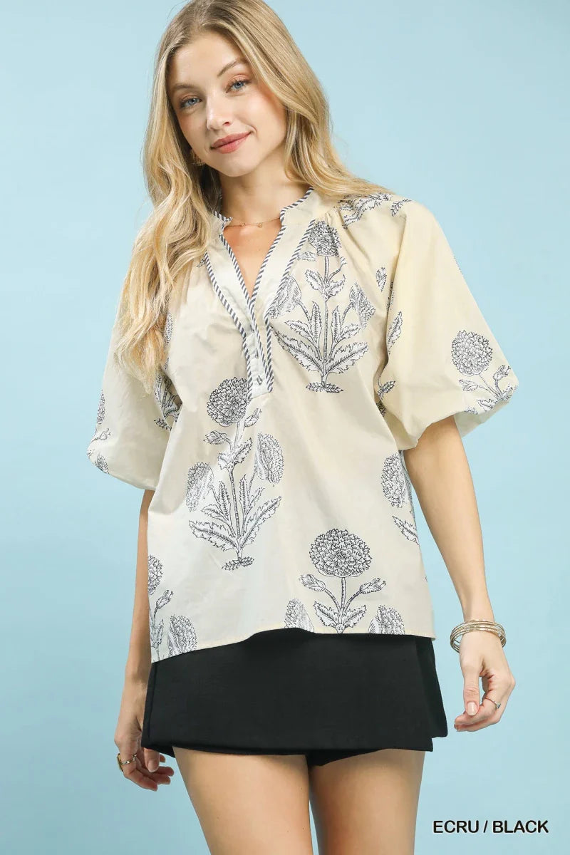 Women's Floral Print V-Neck Blouse with Short Puff Sleeves