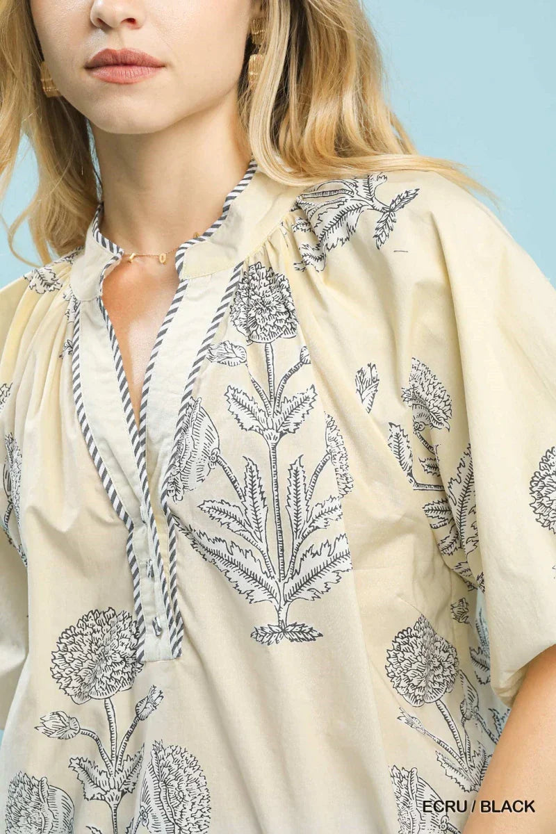 Women's Floral Print V-Neck Blouse with Short Puff Sleeves