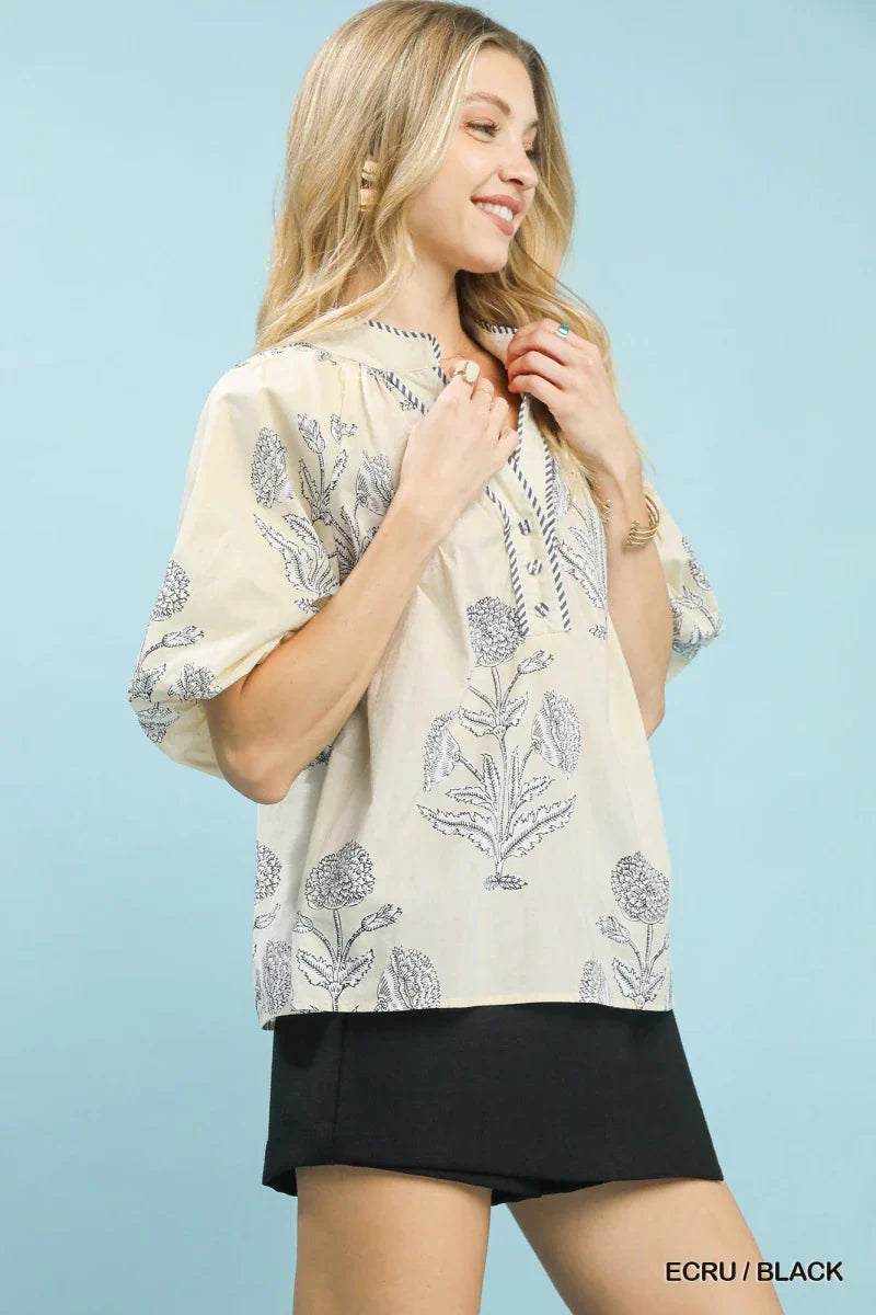 Women's Floral Print V-Neck Blouse with Short Puff Sleeves