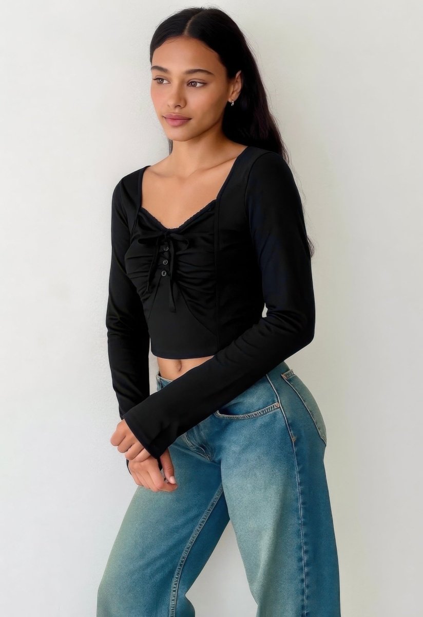 Long Sleeve Scrunch Bow Top - Ruffle Detail Round Neck Women's Romantic