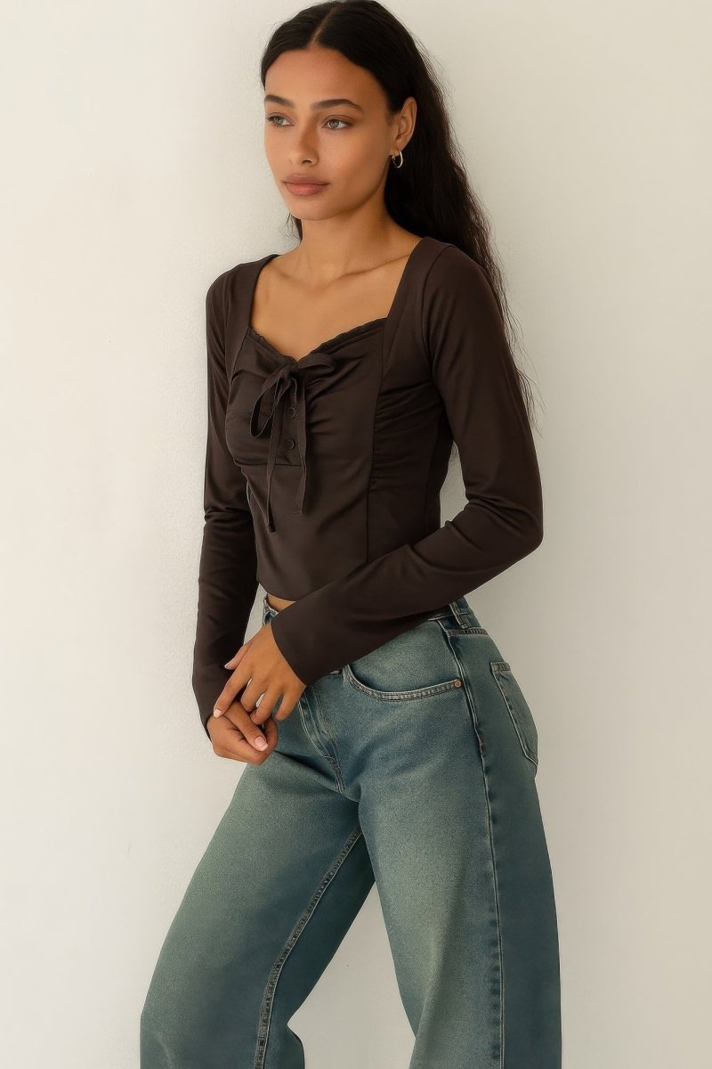 Long Sleeve Scrunch Bow Top - Ruffle Detail Round Neck Women's Romantic