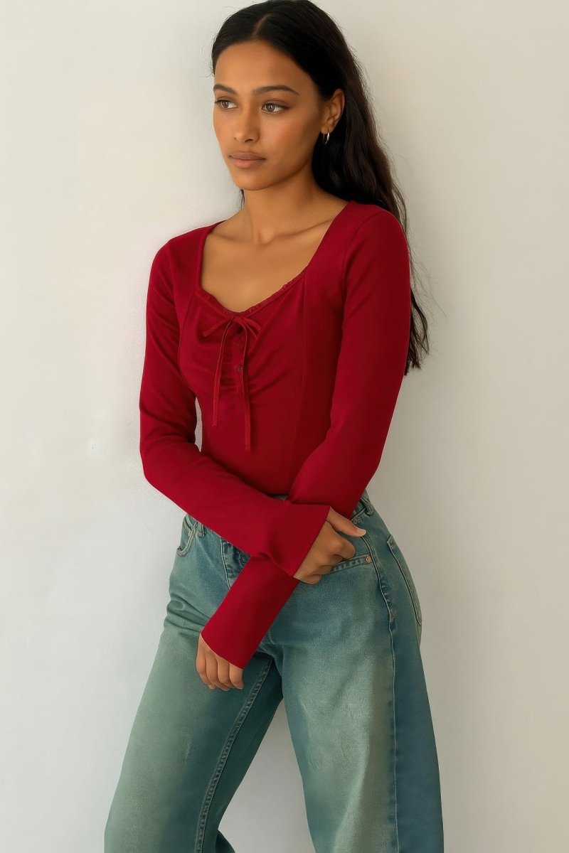 Long Sleeve Scrunch Bow Top - Ruffle Detail Round Neck Women's Romantic