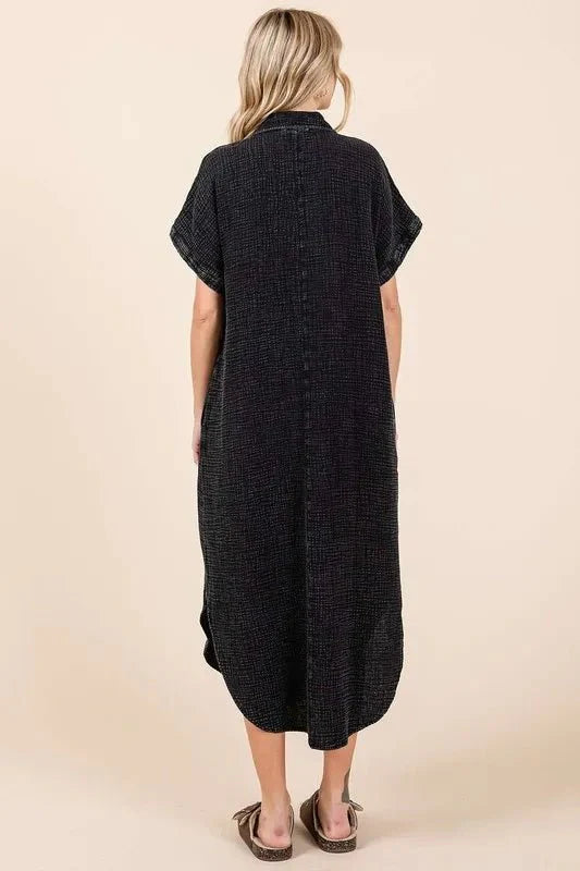 Women's Mineral Wash V Neck Button Up Midi Shirt Dress