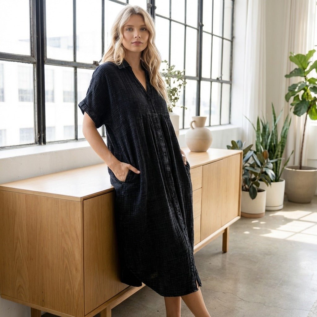 Women's Mineral Wash V Neck Button Up Midi Shirt Dress