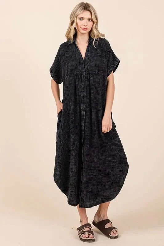 Women's Mineral Wash V Neck Button Up Midi Shirt Dress