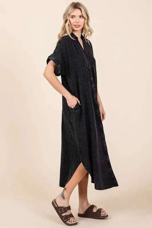 Women's Mineral Wash V Neck Button Up Midi Shirt Dress