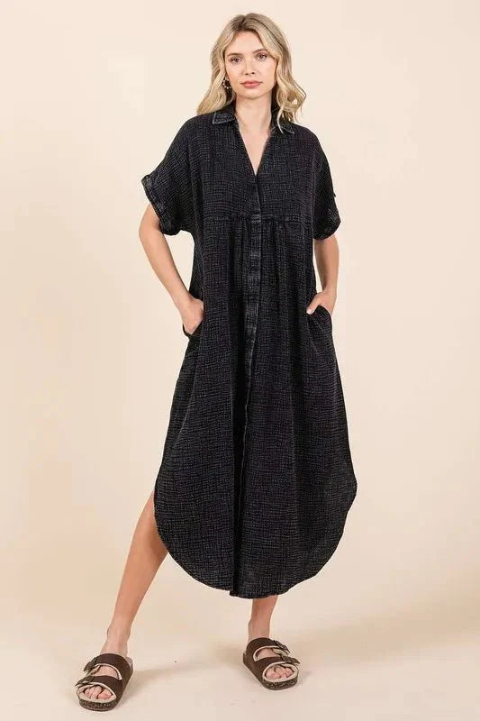 Women's Mineral Wash V Neck Button Up Midi Shirt Dress