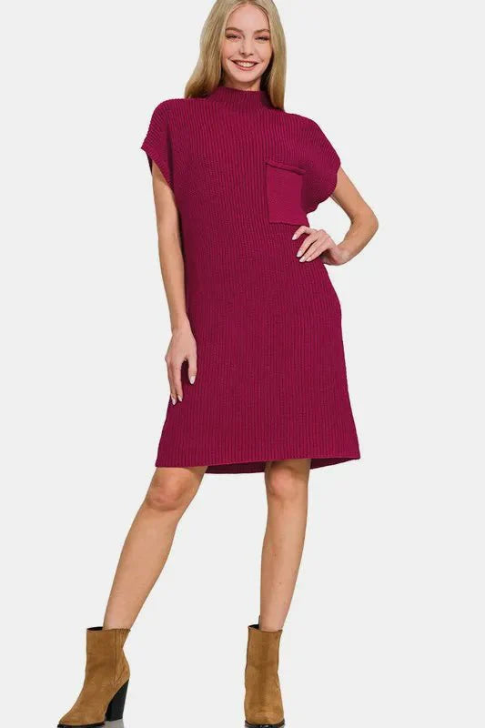Red Mock Neck Short Sleeve Sweater Mini Dress - Ribbed Knit Bodycon Women's Casual