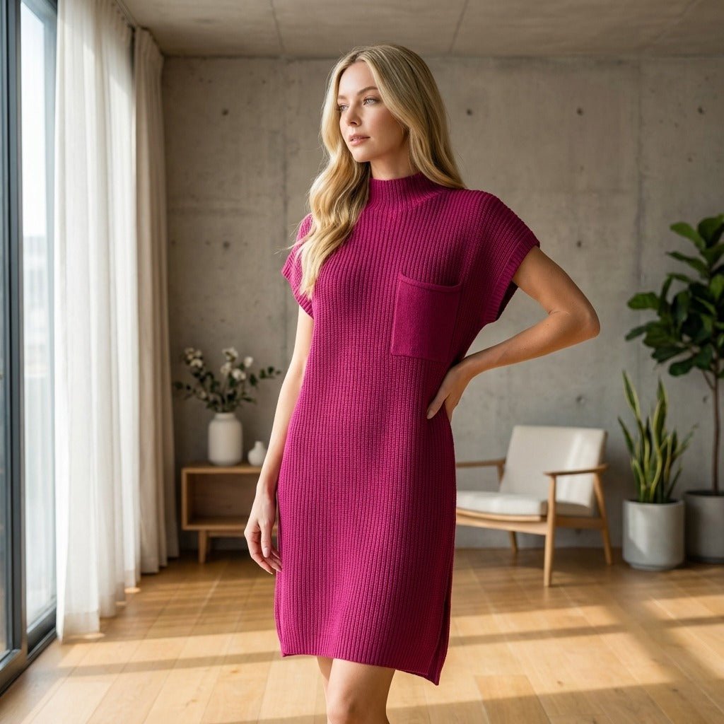 Red Mock Neck Short Sleeve Sweater Mini Dress - Ribbed Knit Bodycon Women's Casual