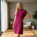 Red Mock Neck Short Sleeve Sweater Mini Dress - Ribbed Knit Bodycon Women's Casual