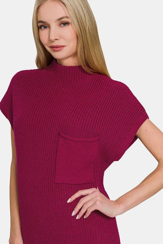 Red Mock Neck Short Sleeve Sweater Mini Dress - Ribbed Knit Bodycon Women's Casual