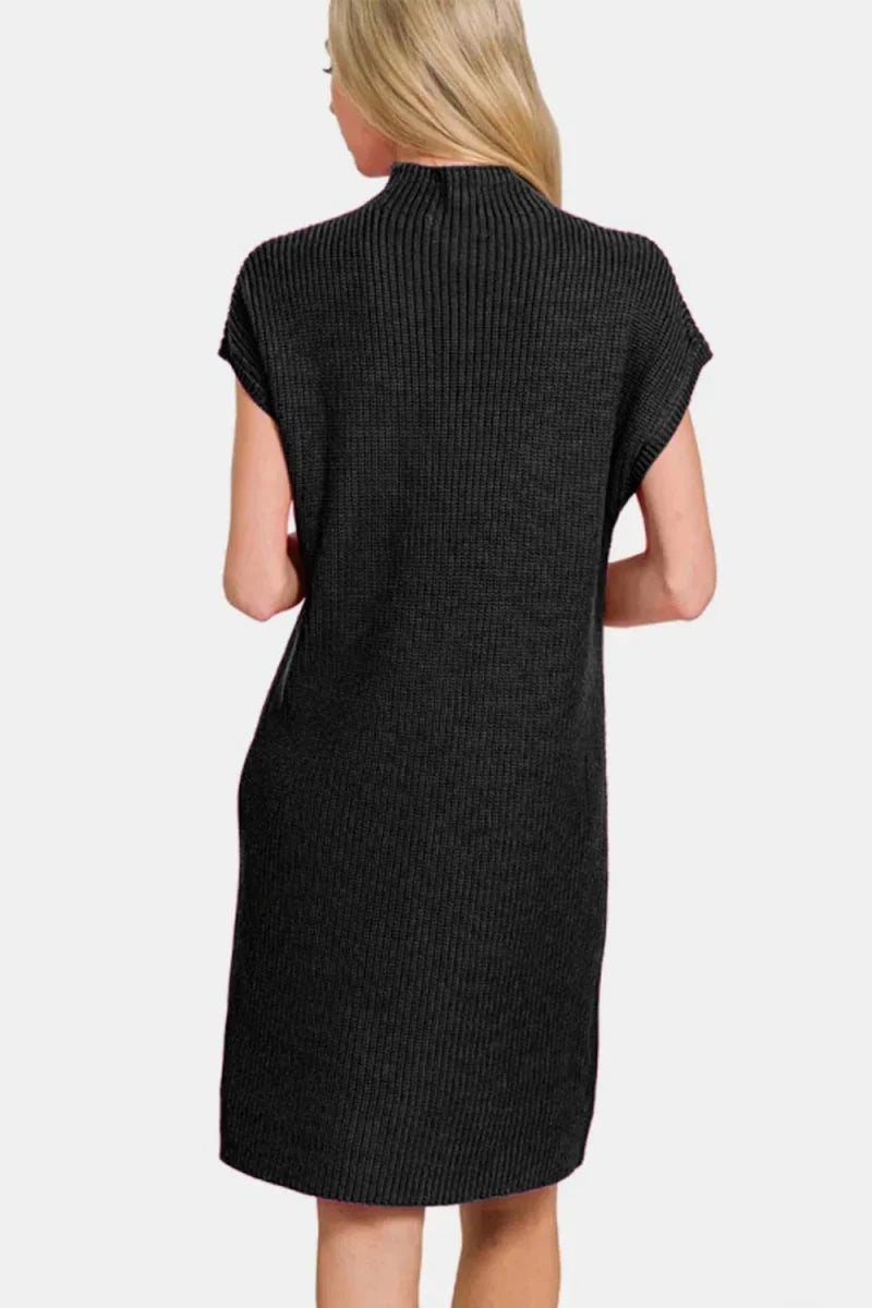 Black Mock Neck Short Sleeve Sweater Mini Dress - Ribbed Knit Bodycon Women's Casual