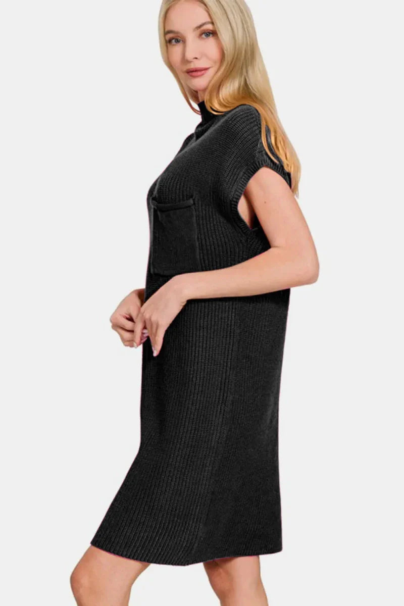 Black Mock Neck Short Sleeve Sweater Mini Dress - Ribbed Knit Bodycon Women's Casual