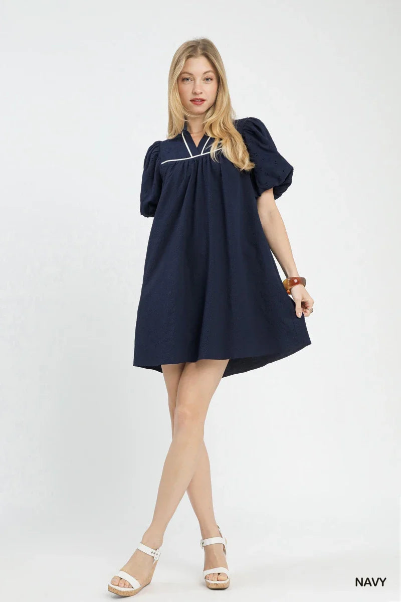 Women's Navy Puff Sleeve Textured Babydoll Dress