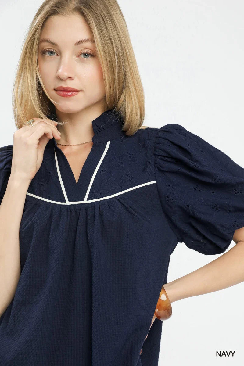 Women's Navy Puff Sleeve Textured Babydoll Dress