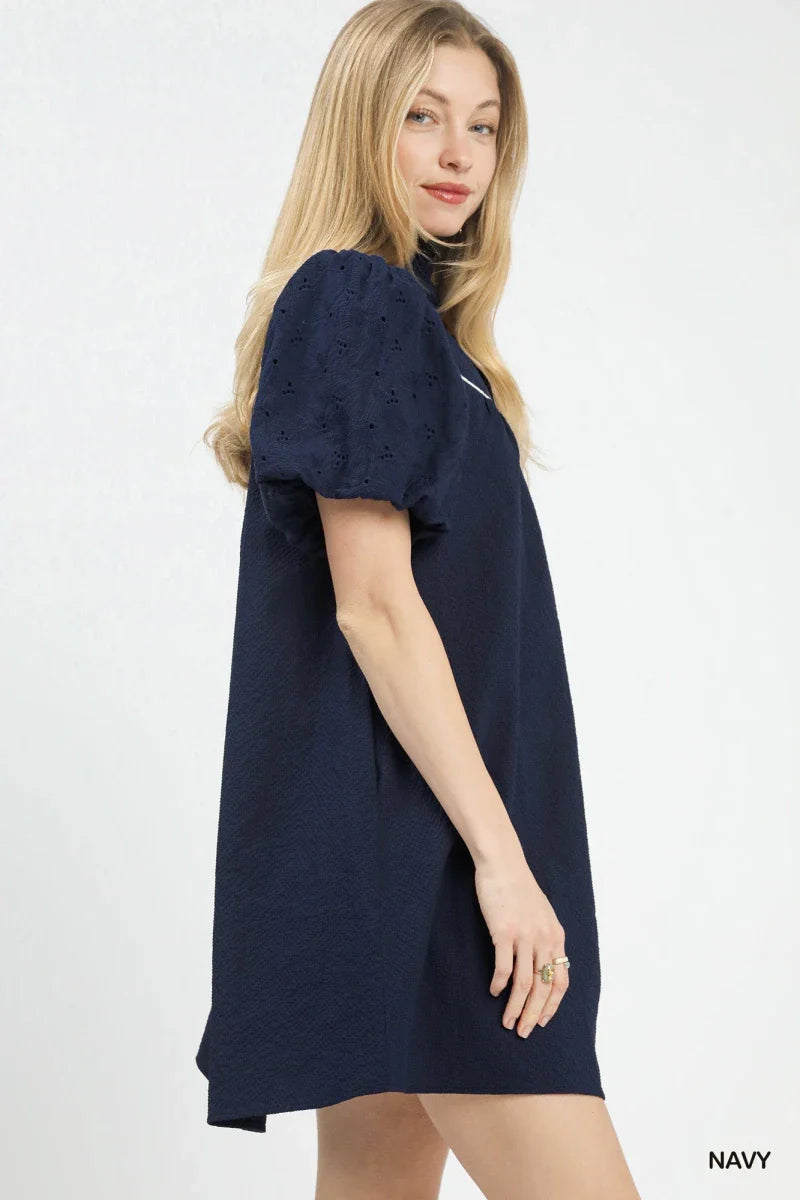 Women's Navy Puff Sleeve Textured Babydoll Dress