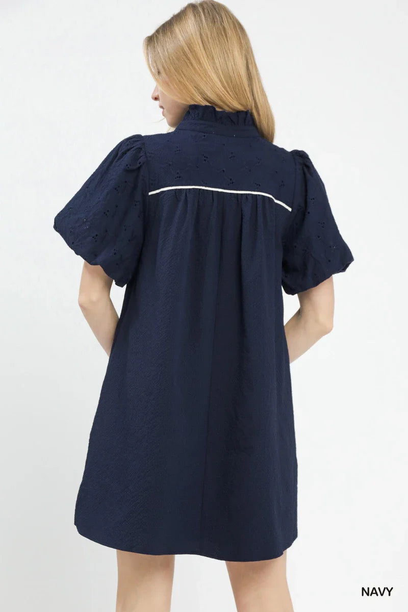 Women's Navy Puff Sleeve Textured Babydoll Dress