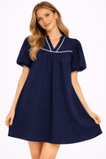 Women's Navy Puff Sleeve Textured Babydoll Dress