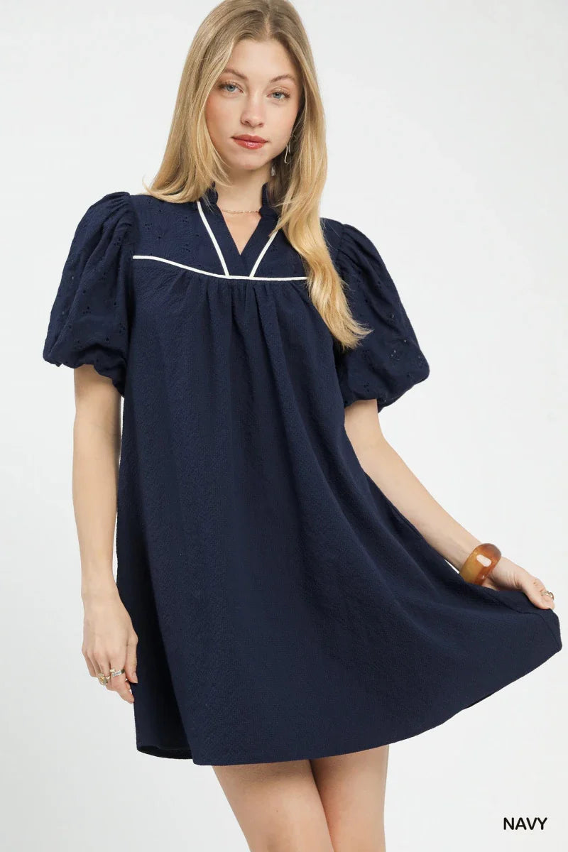 Women's Navy Puff Sleeve Textured Babydoll Dress