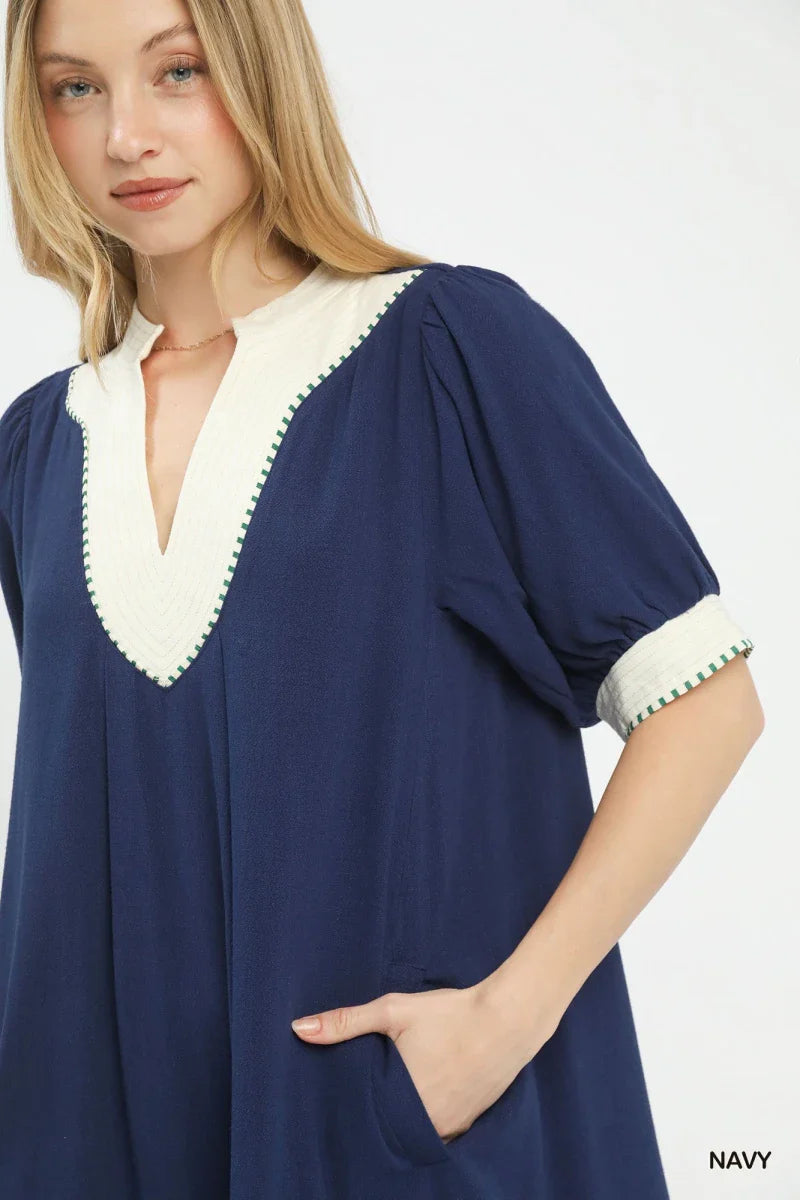 Women's Navy V-Neck A-Line Midi Dress with Contrast Trim