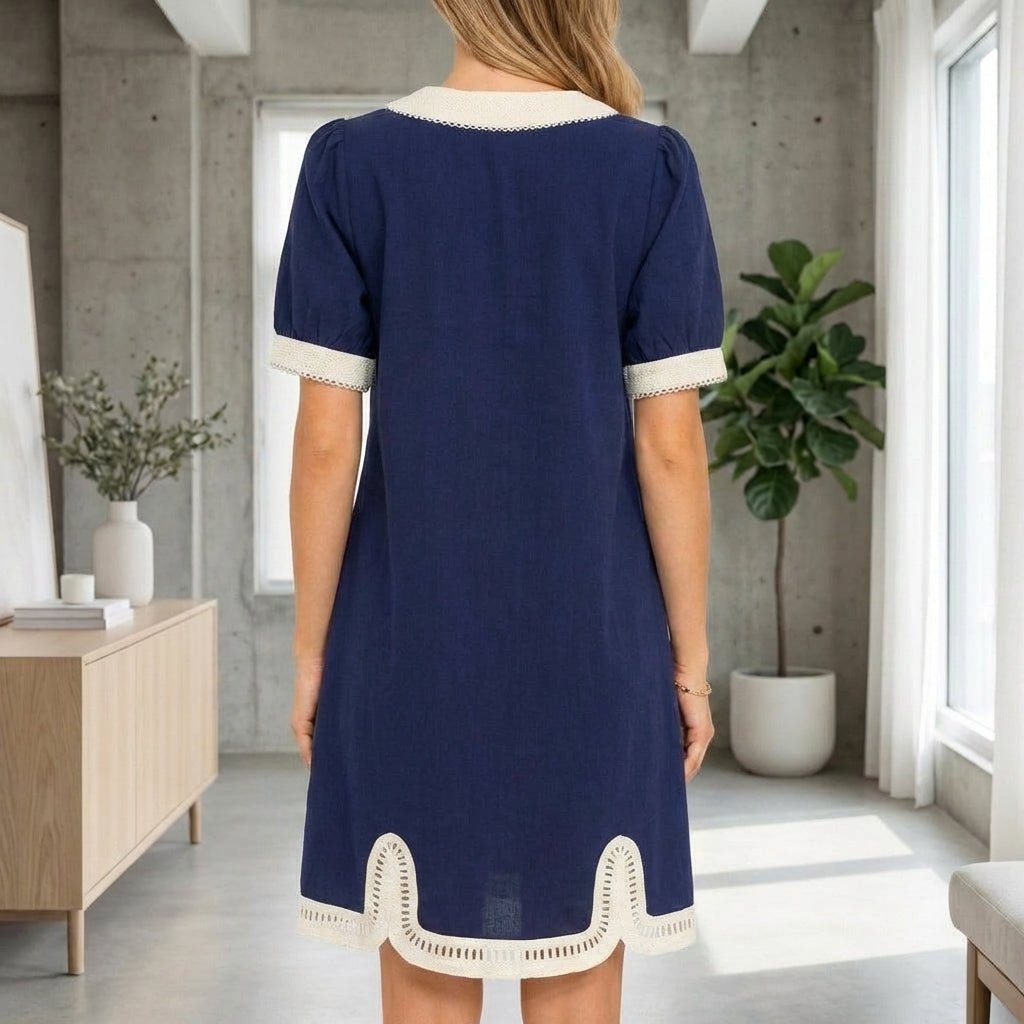 Women's Navy V-Neck A-Line Midi Dress with Contrast Trim