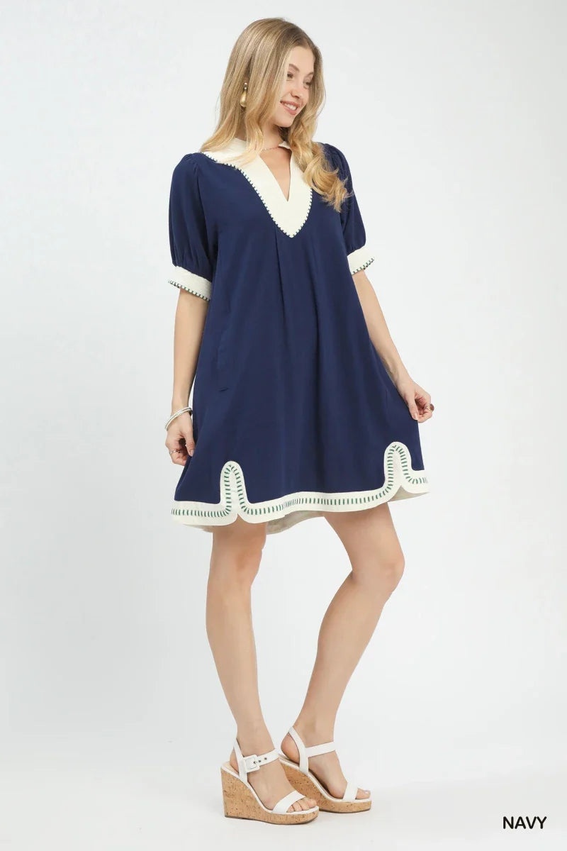 Women's Navy V-Neck A-Line Midi Dress with Contrast Trim