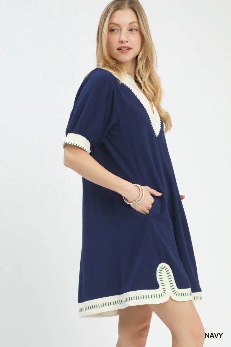 Women's Navy V-Neck A-Line Midi Dress with Contrast Trim