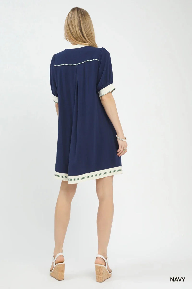 Women's Navy V-Neck A-Line Midi Dress with Contrast Trim