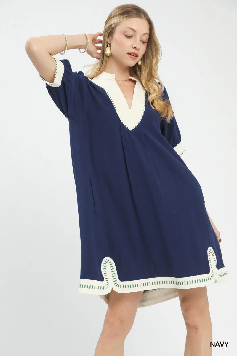 Women's Navy V-Neck A-Line Midi Dress with Contrast Trim