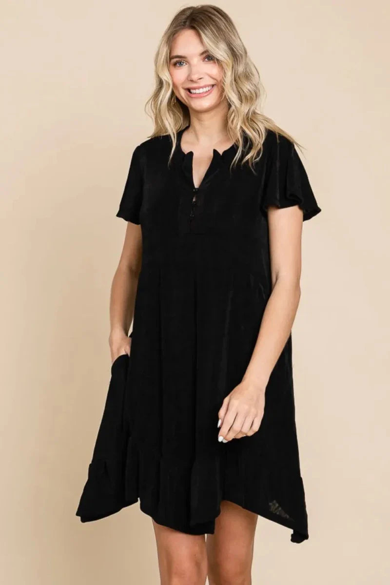 Black Notched Neck Short Sleeve Midi Dress - Ruffled Asymmetric Hem Women's Formal