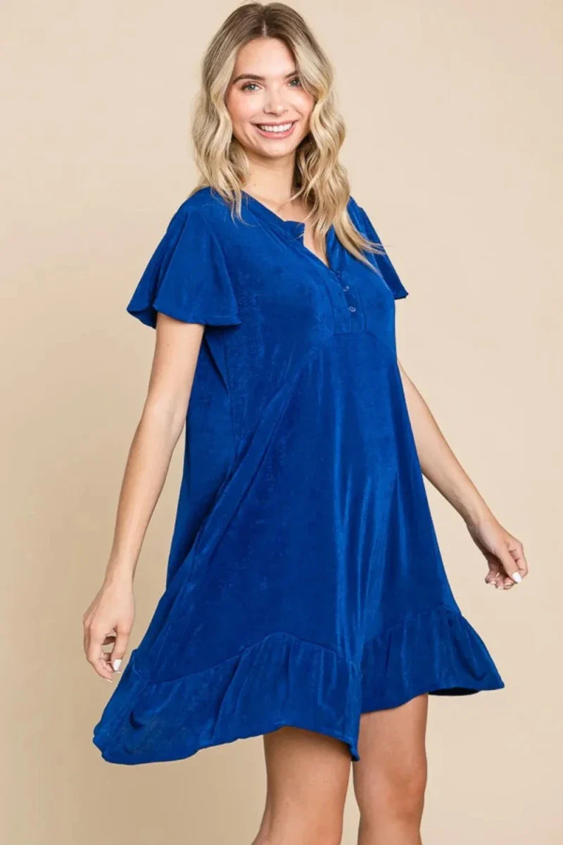 Royal Blue Notched Neck Short Sleeve Midi Dress - Ruffled Asymmetric Hem Women's Formal