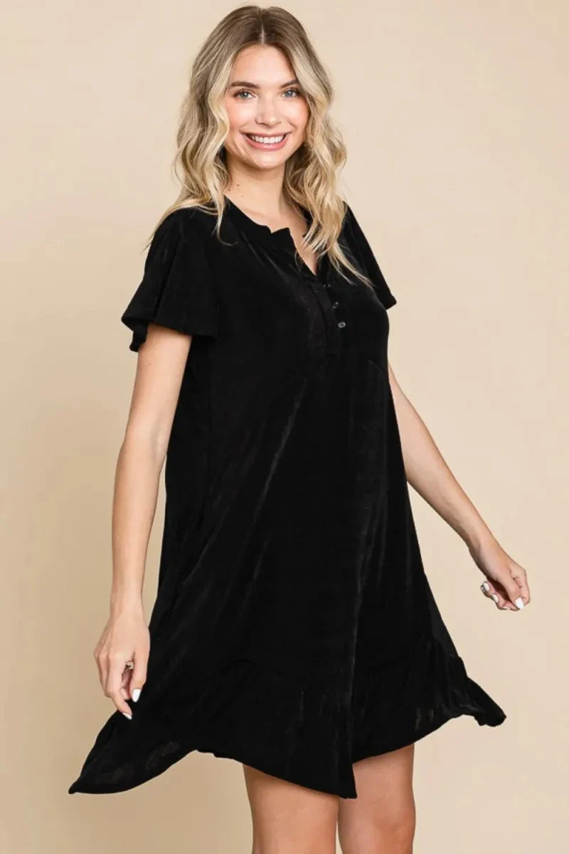 Black Notched Neck Short Sleeve Midi Dress - Ruffled Asymmetric Hem Women's Formal
