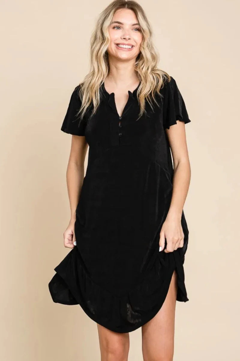 Black Notched Neck Short Sleeve Midi Dress - Ruffled Asymmetric Hem Women's Formal