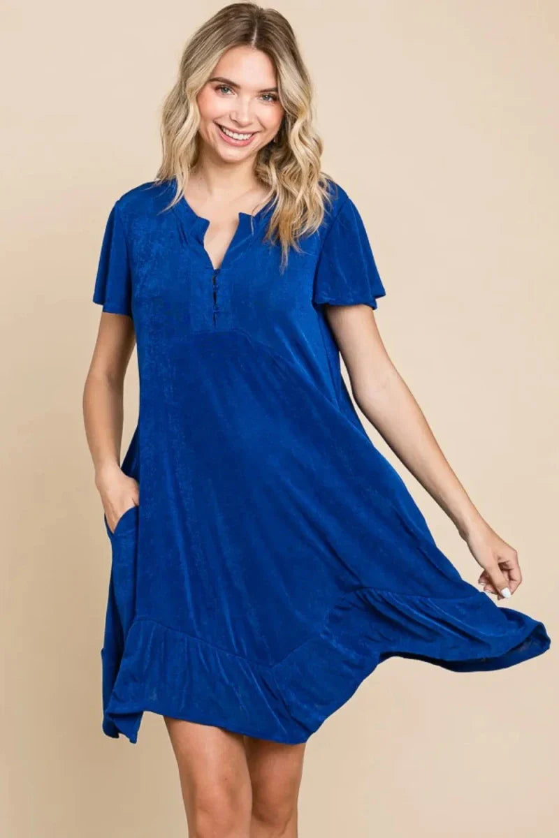 Royal Blue Notched Neck Short Sleeve Midi Dress - Ruffled Asymmetric Hem Women's Formal