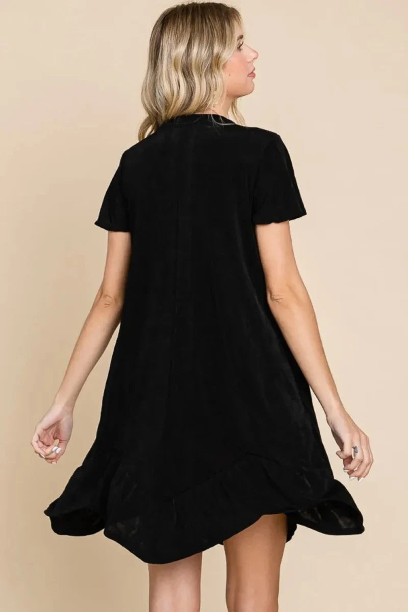 Black Notched Neck Short Sleeve Midi Dress - Ruffled Asymmetric Hem Women's Formal