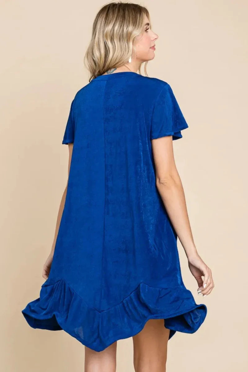 Royal Blue Notched Neck Short Sleeve Midi Dress - Ruffled Asymmetric Hem Women's Formal