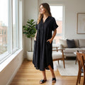 Black Notched Neck Short Sleeve Midi Dress - Ruffled Asymmetric Hem Women's Formal