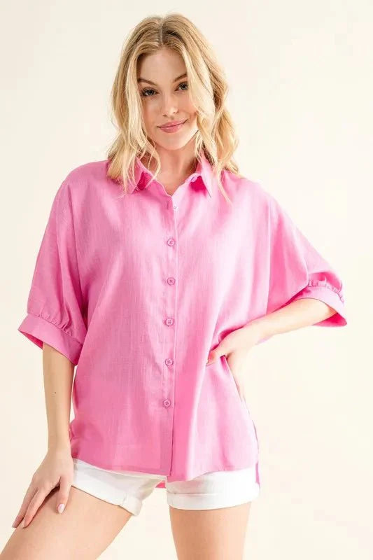 Pink Linen Button-Down Blouse - Oversized Long Sleeve Shirt Women's Relaxed Top
