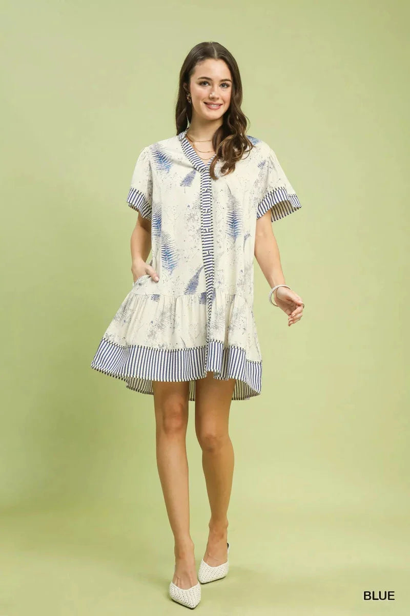 Womens Printed Button-Front Tiered Mini Dress with Pockets