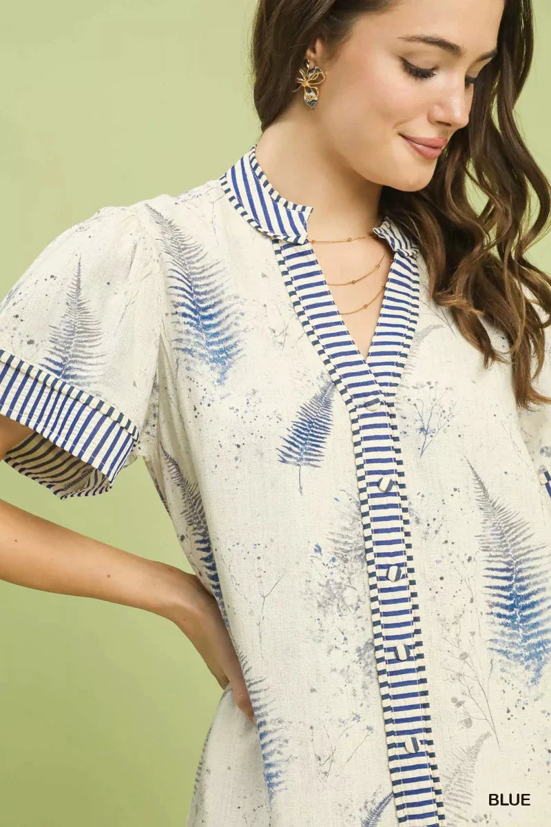 Womens Printed Button-Front Tiered Mini Dress with Pockets