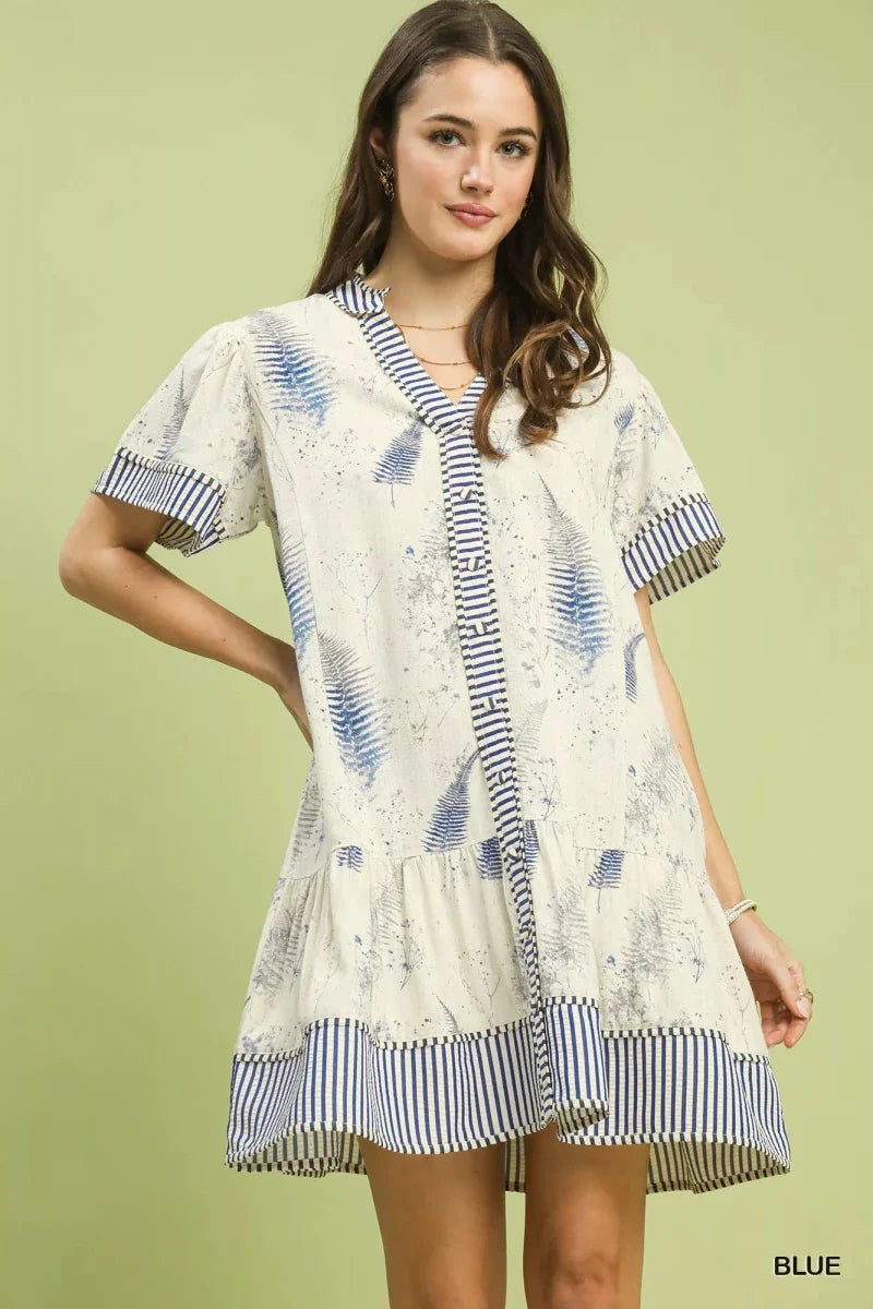 Womens Printed Button-Front Tiered Mini Dress with Pockets