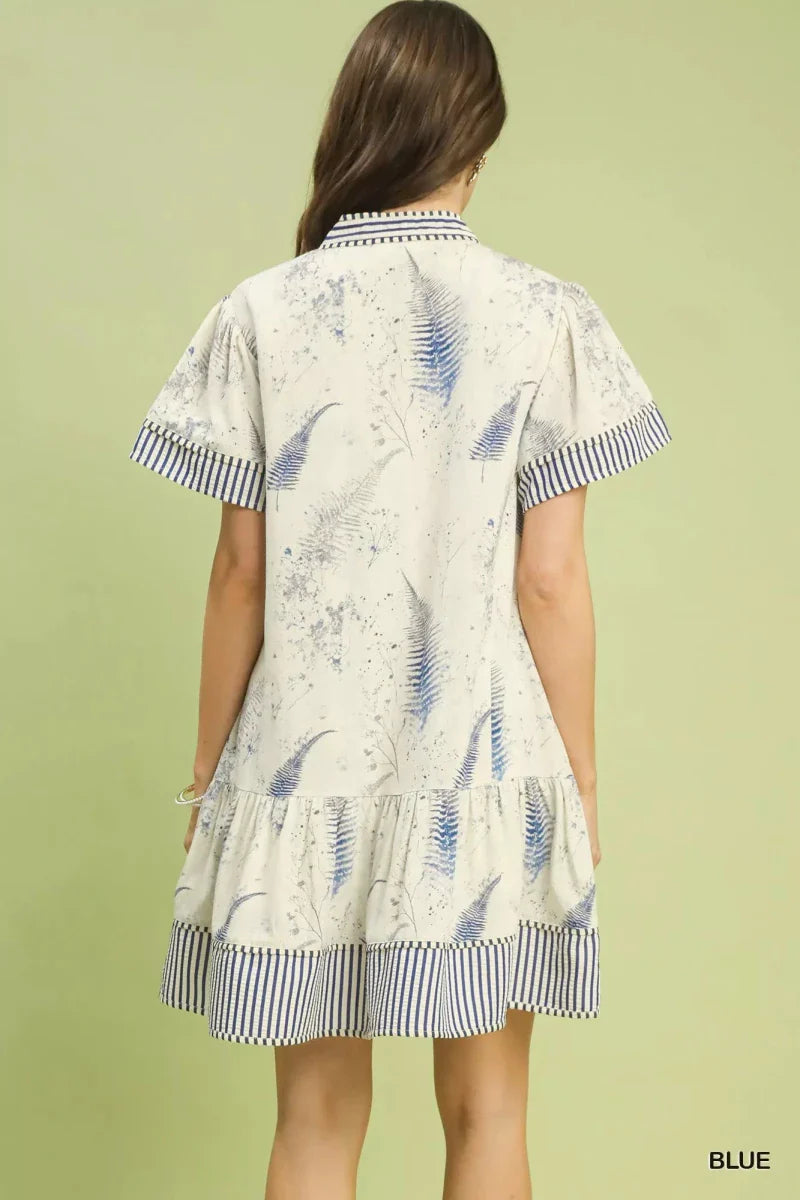 Womens Printed Button-Front Tiered Mini Dress with Pockets