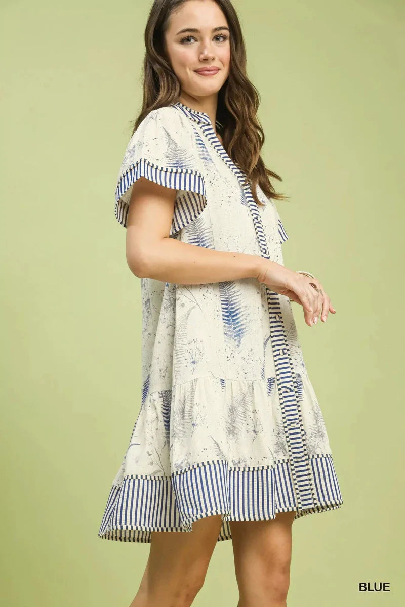 Womens Printed Button-Front Tiered Mini Dress with Pockets