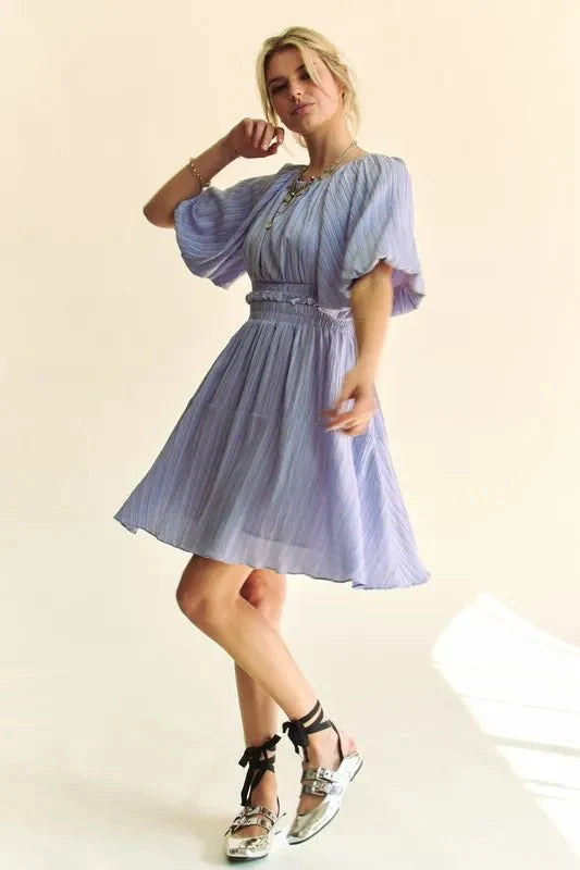 Women's Puff Sleeve Mini Dress with Back Button Detail