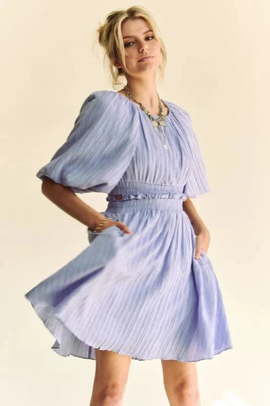 Women's Puff Sleeve Mini Dress with Back Button Detail
