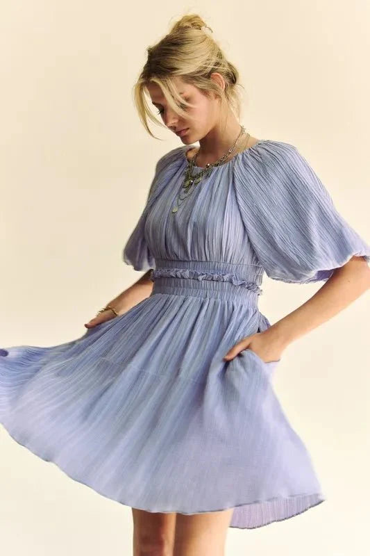 Women's Puff Sleeve Mini Dress with Back Button Detail