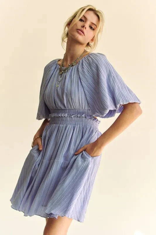 Women's Puff Sleeve Mini Dress with Back Button Detail